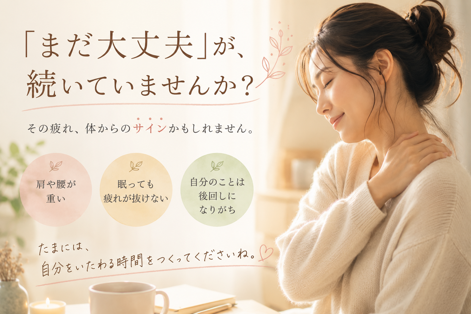 まだ大丈夫と頑張り続ける方へ、自分をいたわる時間をご提案